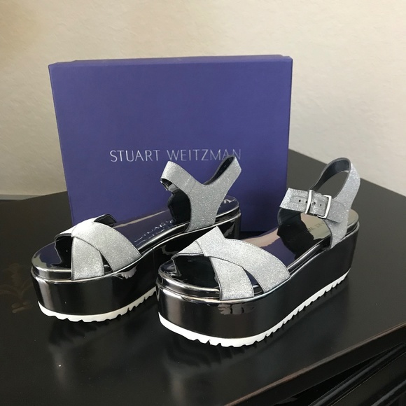 Stuart Weitzman Shoes - Stuart Weitzman Crosspath Pewter Glitterati  Platform Sandals .NWT.  Size 7N